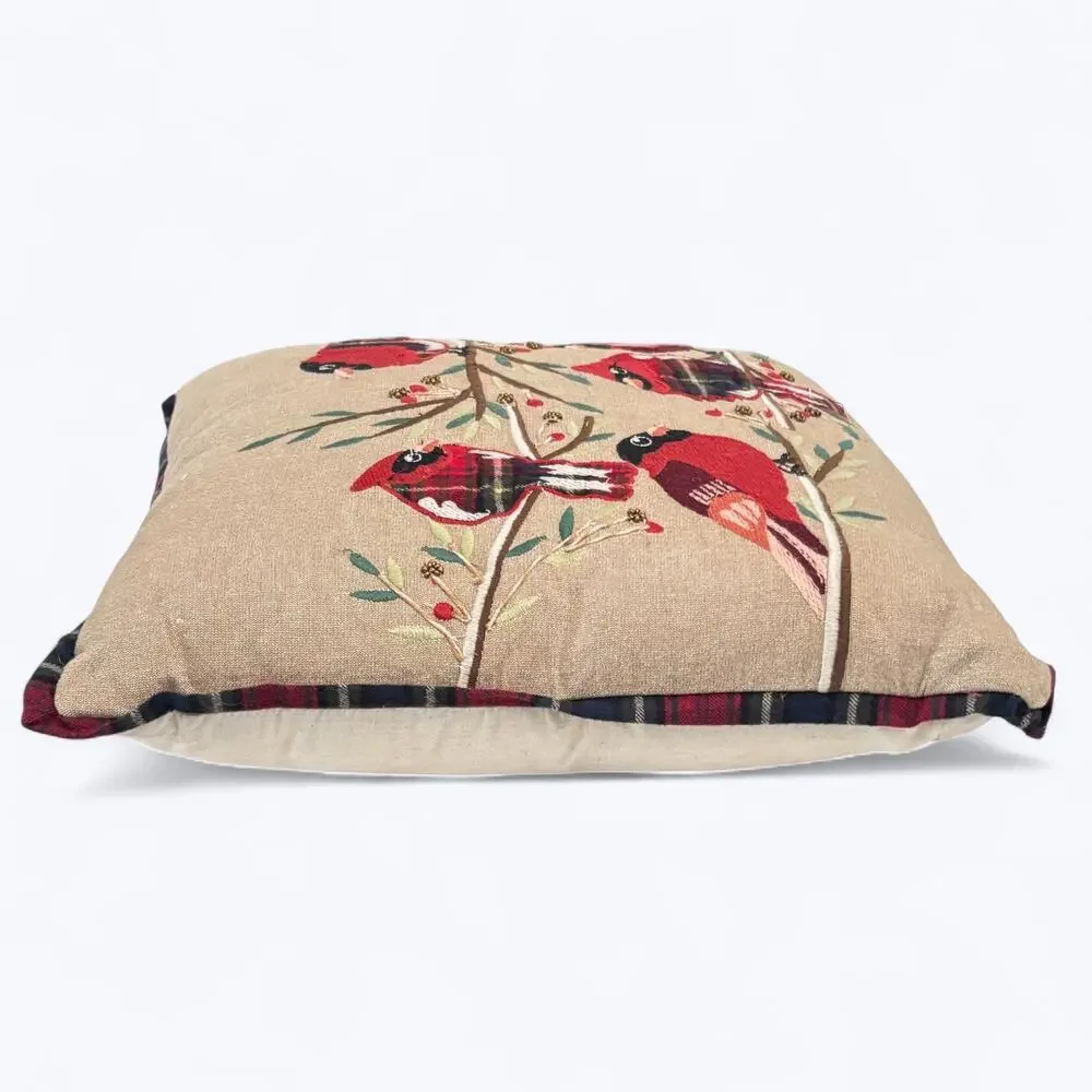 Pier 1 Imports Cardinal Birds & Holly Red Plaid Christmas Holiday Square Piillow